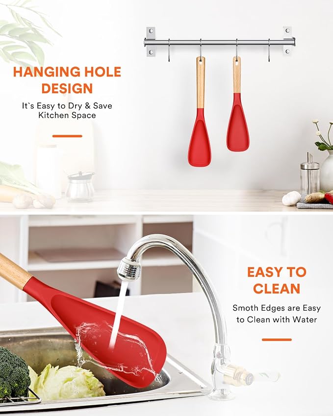 Multifunction Cooking Spoons for Nonstick Cookware,11.4"&13.4", Red | Great for Cooking and Serving, Sturdy BPA-Free Matte Silicone, Wood Handle spoonula for Mixing, Scoop, and Scrape