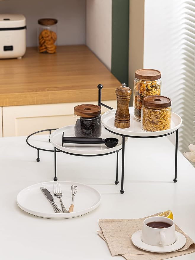 Kanwone 3 Tiered Serving Stand with White Porcelain Plates, 10.3" Round Tray, Dessert Table Display Set, Black Metal Stand, Versatile & Durable