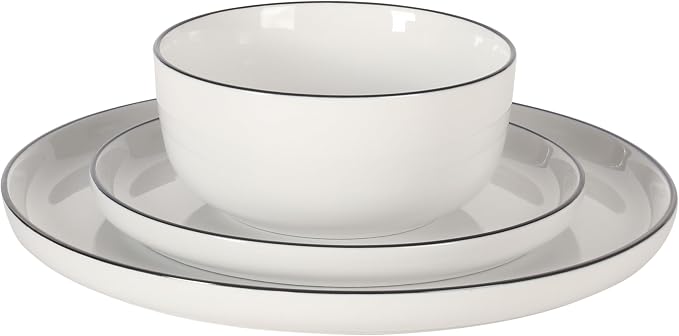 Gibson Home Oslo 12-Piece Porcelain Dinnerware Set – Dinner Plates, Salad Plates & Bowls, Classic White With Black Rim Everyday Dish Set for Home, Kitchen, Microwave & Dishwasher Safe