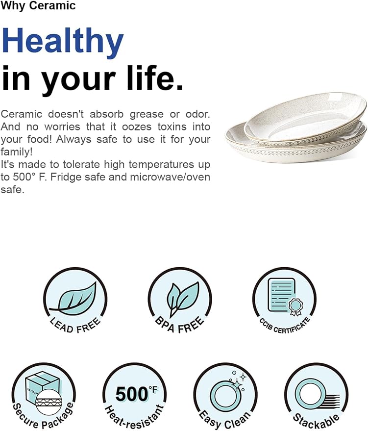 LE TAUCI Ceramic Serving Bowls Set of 2, Large Oval Serving Dishes for Entertaining, 13.5 & 14.6 Inch Salad Bowl for Kitchen Counter, Fruit Bowl, Pasta Bowls, Microwave and Dishwasher Safe - Birch
