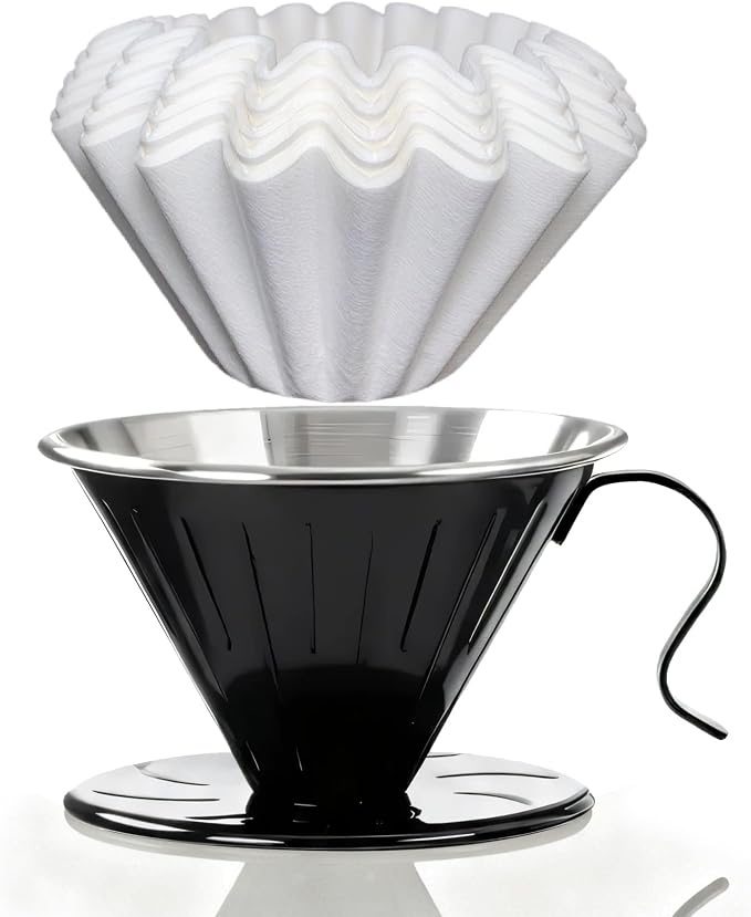 AGOGO Stainless Steel V60 Coffee Dripper & 50 Paper Filters, Black | Unbreakable carafe for kitchen RV camp and office, includes barista towel, lead-free food grade 304 stainless steel