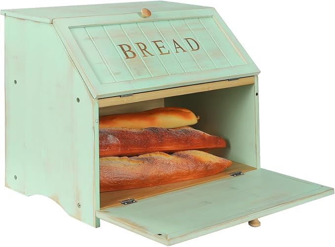 HOMEKOKO Retro Double Layer Large Bread Box for Kitchen Counter, Mint Green | Keeps Bread Fresh 3-4 Days, 2-Tier Capacity Fits 2+ Loaves,Suitable For Farmhouse/Rustic Kitchens Use, Retro Design