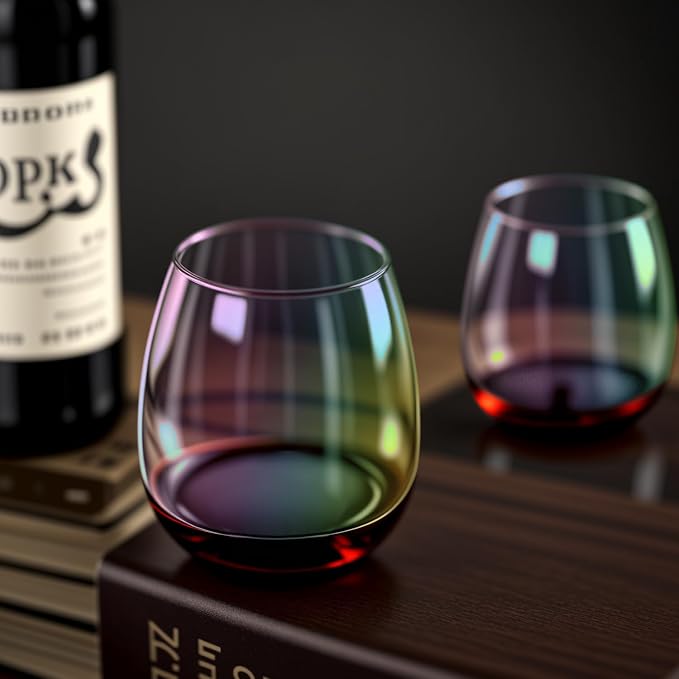 Iridescent Stemless Wine Glass Set of 2, 16OZ Unique Rainbow Wine Glass Cute and Cool, No Stem Colorful Drinking Glassware Gift for Birthday Party Wedding Holiday