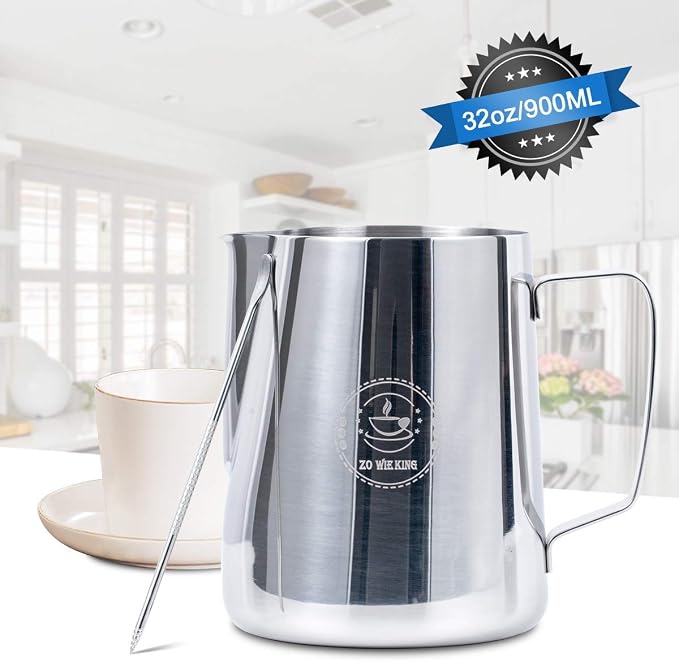32oz Milk Frothing Pitcher for Coffee Shops, Large Stainless Steel Cup | 900ml large capacity pitcher for cafes and commercial use, ideal for espresso machines, milk steaming and latte art