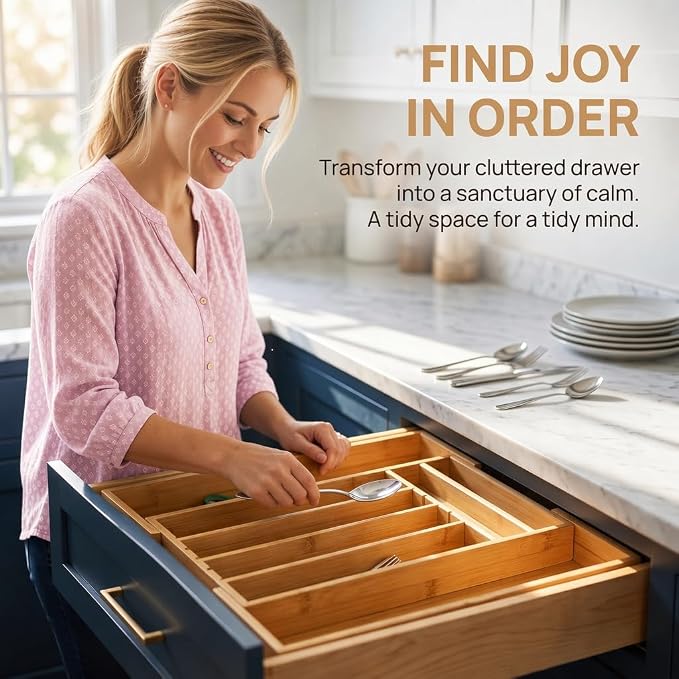 Bamboo Kitchen Silverware Drawer Organizer (DIY Slot, Natural) | Natural bamboo, Expandable 12.6"-20.3", 4 Removable dividers, 52 DIY layouts, Food safe, Bonus towel, No bending, no warping