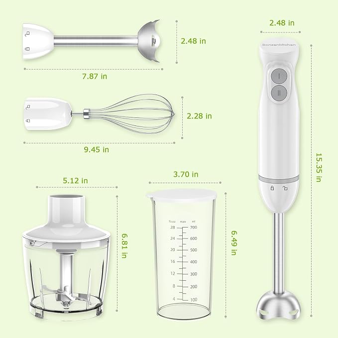 Bonsenkitchen Hand Blender,4-In-1 Emulsion Handheld with 2 Mixing Speeds | Egg Whisk, 24oz Beaker & Chopper Bowl, Immersion Blender for Baby Food,Smoothies, Soups & Sauces