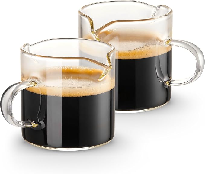 Qipecedm Espresso Cups Set of 2, 4 OZ Double Spouts Cups, Shot Glasses, Milk Cup with Handle, Clear Glass, Espresso Accessories for Machine, Small