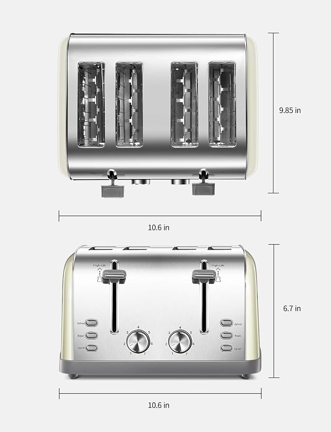 Yabano 4 Slice Stainless Steel Toaster with Extra Wide Slots | 7 Shade Settings, High Lift Lever, Bagel And Muffin Function, Removable Crumb Tray, Warming Rack, Silver Finish