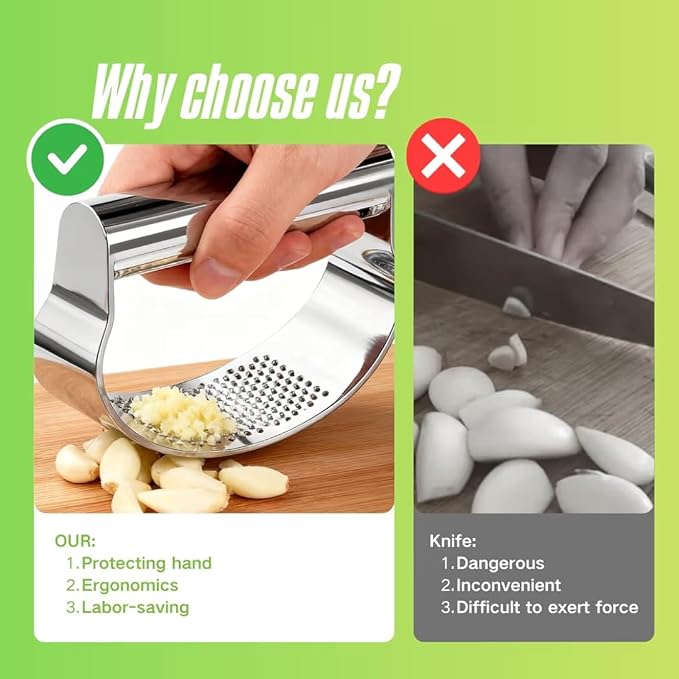 Garlic Press Rocker, Stainless Steel Garlic Mincer and Heavy Duty Stainless Steel Garlic Press Garlic Crusher,mincer tool Easy-Squeeze Garlic Tool with Peeler Cleaning Brush for Smashing Garlic