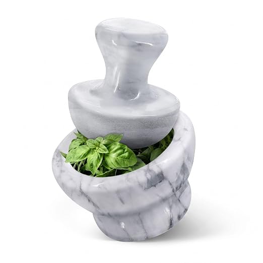 Flexzion Small Marble Mortar and Pestle Set, 4-Inch 1/2-Cup Bowl, White | Stone Spice Grinder and Pill Crusher with Mushroom Pestle and Non-Slip Pad for Herbs, Spices, Garlic, Seeds and Dry Pills