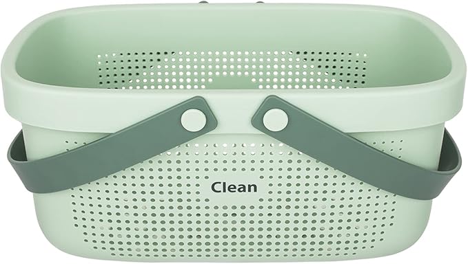 JiatuA Plastic Storage Basket with Handle Portable Shower Caddy Tote Organizer Basket Bin for Bathroom Kitchen Dorm Room Bedroom, Green | Sturdy Drainage Large Capacity Organizer Basket with Silicone Handles for Bathroom Kitchen Bedroom College Dorm Es...