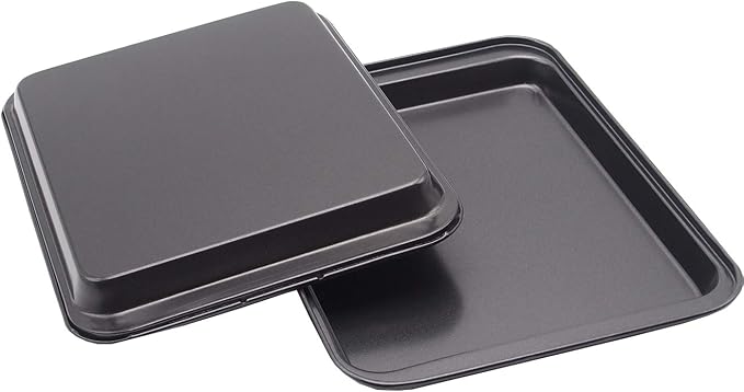 Small Baking Sheet Nonstick 9.45 X 7.09 Inch (Inner 7.5x6), 8 Inch Mini Cookie Tray Toaster Conventional Oven Pan No Warp No Rust Magnetic Bakeware for 1 to 2 person 2 Pack | Carbon Steel, Mini Pan, 1- 2 Person Use, Reheat Food, No Warp, Easy Clean, Sa...