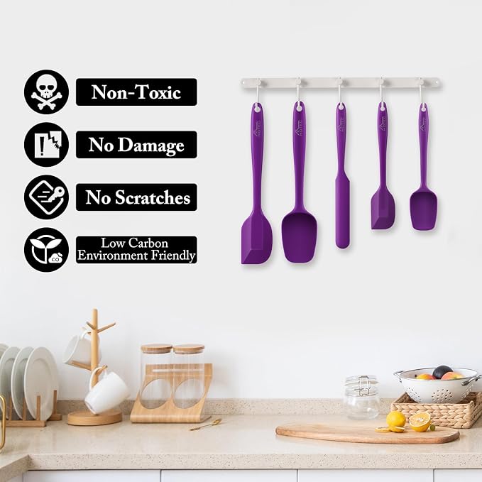 HOTEC 600℉ Heat Resistant BPA-Free Silicone Rubber Spatula Set for Baking, Cooking, and Mixing Non Stick Dishwasher Safe, Purple Set of 5