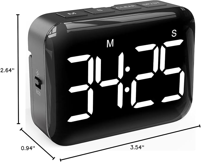 Magnetic Kitchen Timer for Cooking with Count Up Countdown, Digital Timer Battery Powered with Large Display, 2 Brightness and Volume Levels for Classroom, Teacher, Kids (Dark Black)