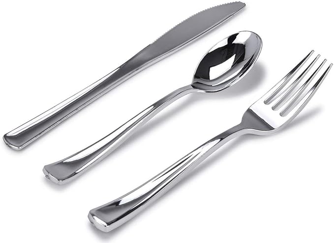 Silver Plastic Silverware Set (400-Pack) – Disposable Heavy Duty Cutlery, 134 Forks, 134 Knives, 134 Spoons for Parties, Weddings, Dinners & Holidays, Stock Your Home