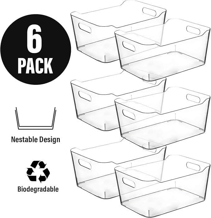 Clear Extra Large Plastic Storage Bins, Pantry Organizers and Storage Containers Fridge Organizer Bins for Organizing Home, Kitchen Organization. Bathroom, Refrigerator, Freezer, Laundry Room