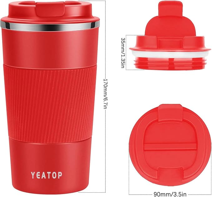 16 oz Insulated Travel Coffee Mug Spill Proof Leak proof, Reusable Thermal Coffee Cup, Stainless Steel Vacuum Coffee Tumbler for Hot/Cold Drinks, (Red, 510ml)