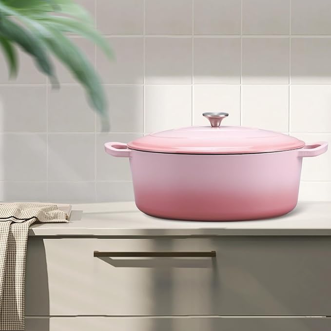 7 Quart Oval Dutch Oven with Lid, Leonyo 7QT Enameled Oval Cast Iron Dutch Oven for Sourdough Bread Breaking, Heavy Duty Cookware for Braising, Stews, Roasting, Pink