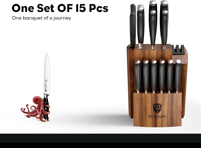 15Pcs High Carbon Stainless Steel Knife Set with Block, Ultra Sharp | Premium German Steel Kitchen Knives with Sharpener, Ergonomic Black Handle, Acacia Wood Block, Elegant Gift for Home Chefs