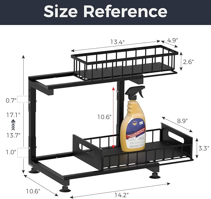 2-Pack L-Shaped Under Sink Organizer, 2-Tier Pull-out Cabinet Rack | Black Height-Adjustable Metal Rack, Sliding Grid Drawers with Safety Stopper, Holds 100 Lbs, Ideal Kitchen Cabinet Storage