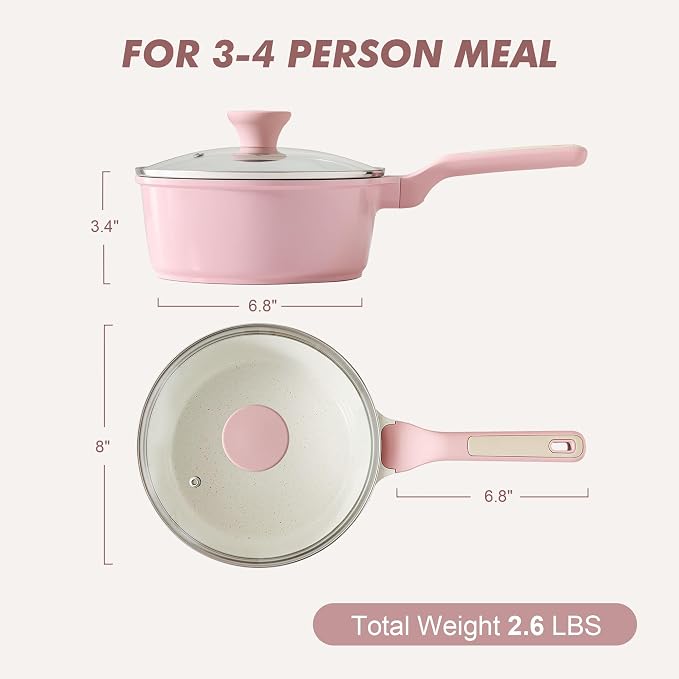 SENSARTE 2.5 QT Ceramic Nonstick Saucepan with Lid, PTFE/PFAS Free, Pink | Medium Cooking Pot with Stay Cool Handle, Induction Compatible Saucepot, Ceramic Coating