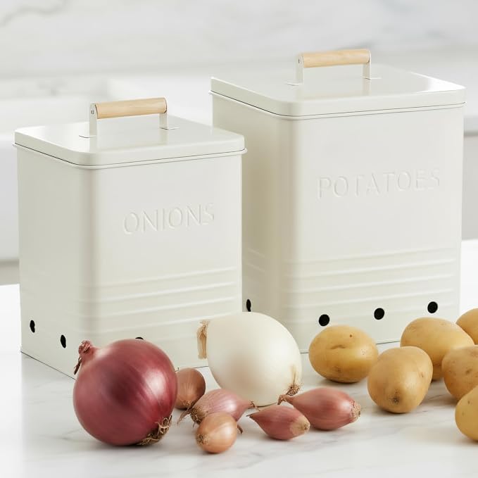 Beautiful Potato and Onion Storage Container Set - Food Safe Metal Bins | Spacious 10.1" and 8.9" Canisters for Your Kitchen Counter or Pantry - Keeps Produce Fresh Longer