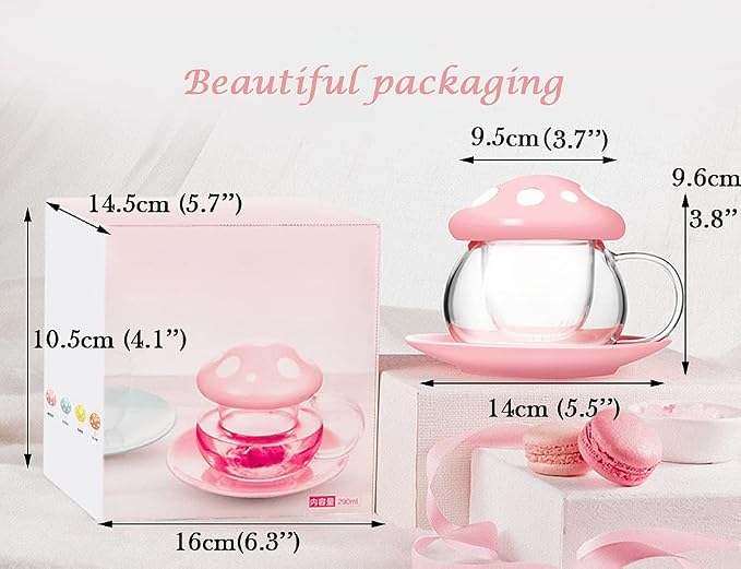Mushroom Tea Cup Set, Cute Cups Glass Tea Cups with Infuser and Lid, Kawaii Teacup for Loose Leaf Tea Steeper, Coffee Mugs with Saucers, Blooming Tea, Tea Maker Gifts for Women Girls Birthday (Pink)