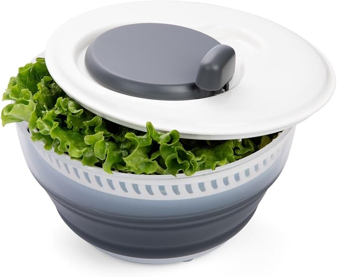 Space Saving 3 Quart Collapsible Salad Spinner with Comfort Easy Grip Handle, Foldable Lightweight Vegetable Dryer, BPA Free Kitchen Lettuce Washing Drying Tool for Fruit Veggie Storage