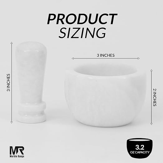 Marble Mortar and Pestle Set White 3" Inches Handmade Garlic Crusher & Grinder Bowl, Mini Mortar and Pestle for Kitchen - Herb Grinder Spice Grinder