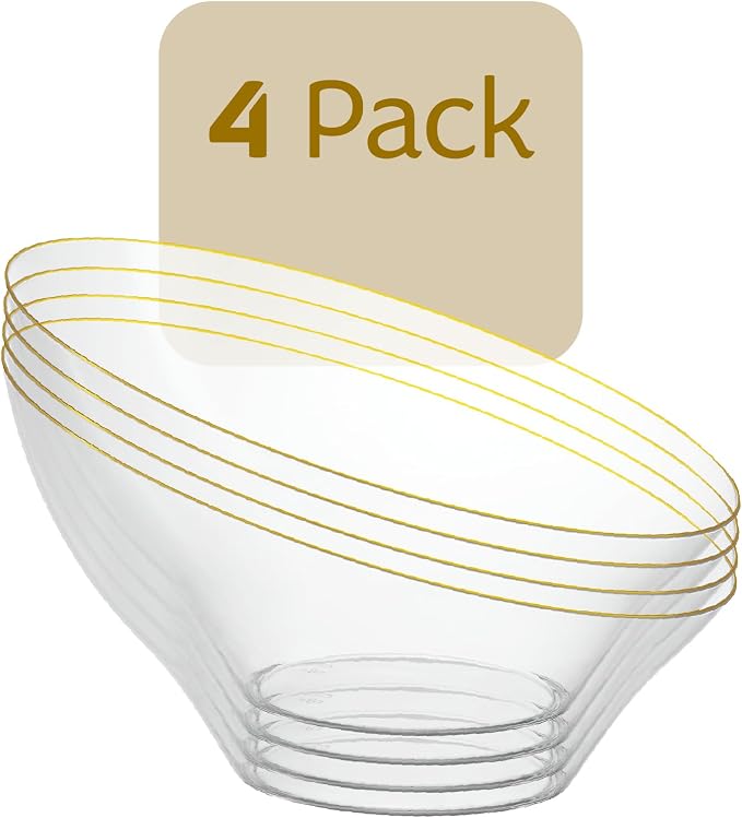PLASTICPRO Angled Plastic Bowls Disposable Medium Plastic Clear Serving Bowls with Gold Rim for Party for Appetizer Salads Pack of 4