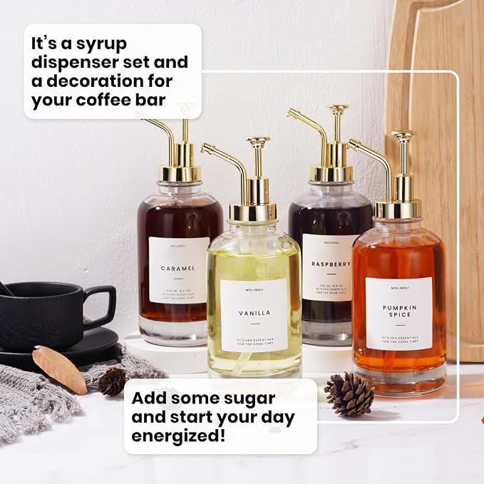 Coffee Syrup Dispenser for Coffee Bar, Coffee Pump Dispenser, Glass Syrup Bottle w. Pump, Maple/Coffee Syrup Bottles, Set of 4 w. Labels, Gold