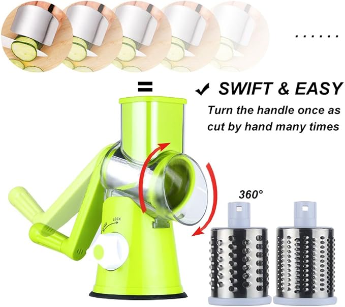 Cambom Rotary Cheese Grater Hand Crank Cheese Shredder for Fresh Cheese, Vegetable, Nuts,Non-slip Suction Base,Three Blades,Green