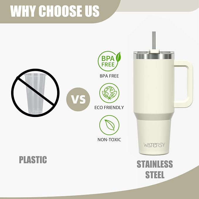 40 oz Tumbler with Handle,Tumbler with Lid and Straw,Double Wall Insulated Cup Stainless Steel Travel Mug(Cold for 34 Hours),Water Bottle for Iced Tea,Coffee,Cold Beverages(Cream White)