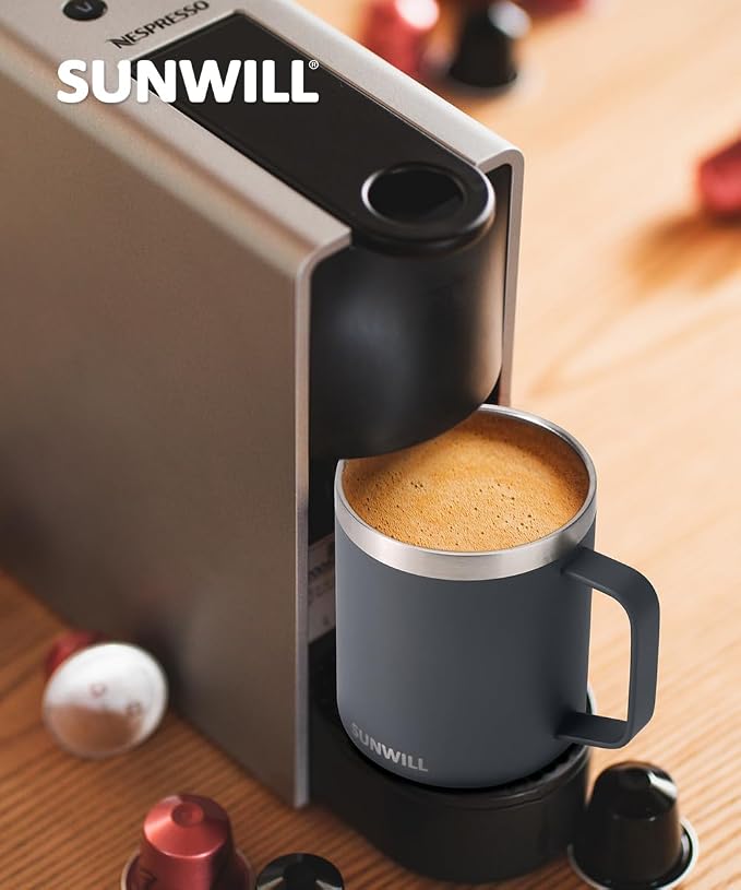 SUNWILL Travel Coffee Mug with Lid, Insulated Tumbler with Handle, 14 oz Stainless Steel Cup for Home, Office, Camping, Powder Coated Charcoal