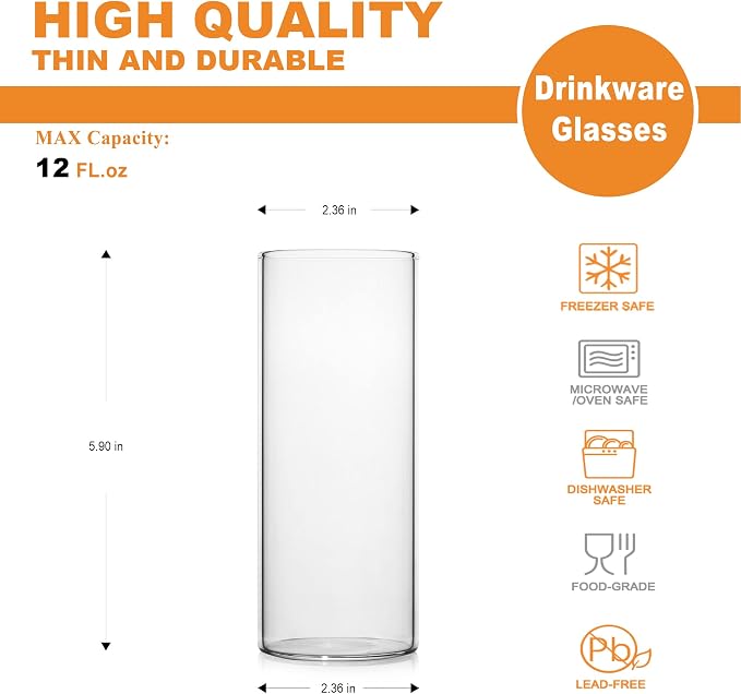 LUXU Drinking Glasses 12 oz,4pcThin Highball Glass,Clear Tall Beer Glass | Lead-Free Glassware,Clear Everyday Drinkware,Water Glasses,Mojito Glass Cups,Bar Glassware,and Mixed Drink Cocktail Glass Set
