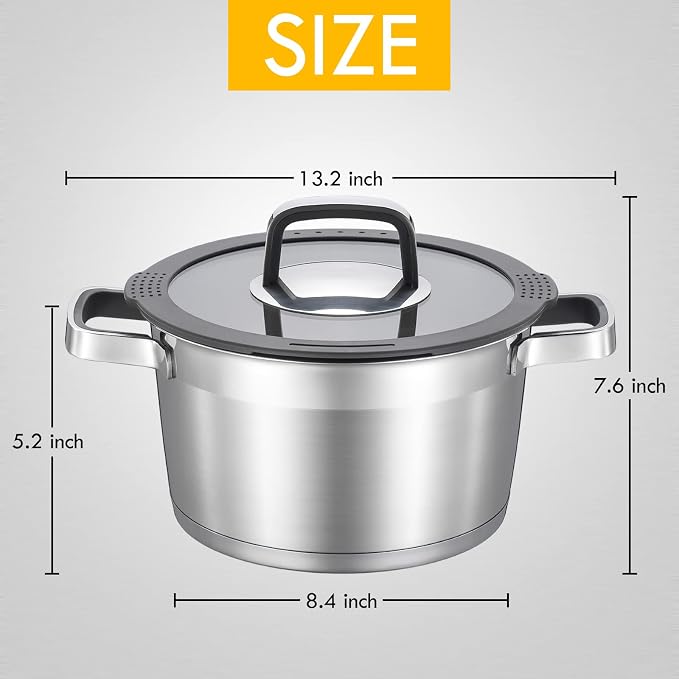 MARSKITOP 5 Quart Stock Pot with Lid, 18/8 Stainless Steel Pasta Pot | Strainer Lid, Cool-Touch Handle, Compatible with All Cooktops, Dishwasher Safe