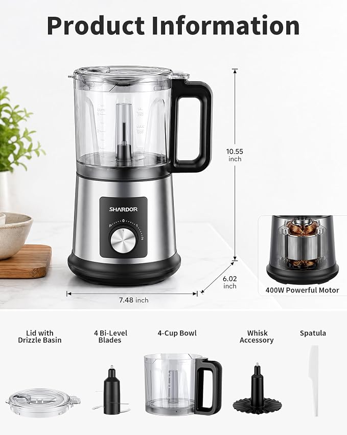 SHARDOR Electric Food Processor, 4 Cup Food Chopper with 3 Speed Settings (Pulse + Hands-Free 1&2), 400W Powerful Motor, 4 Bi-Level Blades and Whisk Attachment, BPA-Free, Stainless Steel