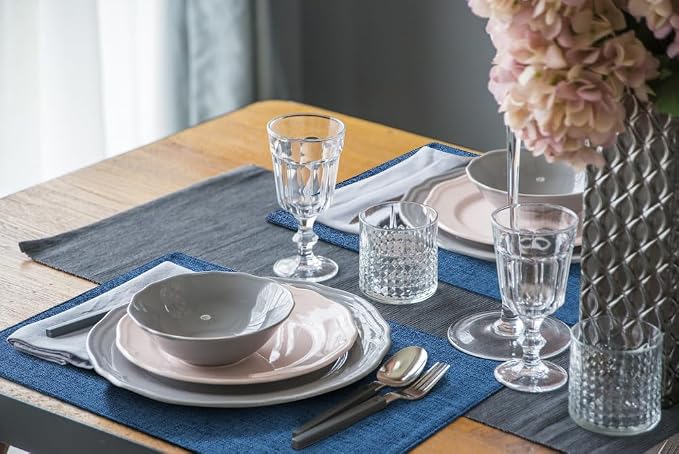 Faux Cotton Linen Placemats Set of 6, Cloth Washable Farmhouse Dining Table Mats for Indoors & Outdoors, Easy to Clean, Navy Blue, 13 x 19 Inch