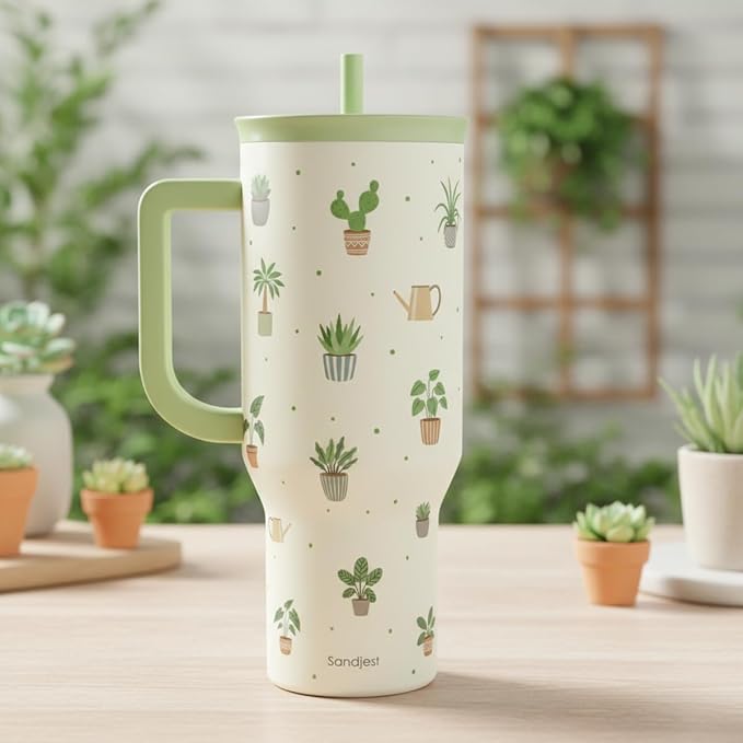 SANDJEST Plant Lover 40oz Tumbler with Handle and Straw, Insulated Stainless Steel Travel Coffee Mug for Women Girls, Gift Idea for Birthday Christmas Mothers Day