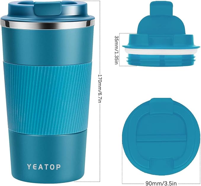 Insulated Travel Coffee Mug 16 oz, Spill Proof Coffee Mug To Go, Leakproof Stainless Steel Coffee Tumblers Reusable Thermal Coffee Cup with Lid for Hot & Cold Drinks (Blue, 510ml)