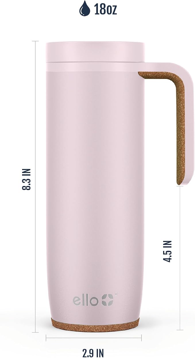 Ello Magnet 18oz Insulated Stainless Steel Travel Mug with Handle, Sonoma | Leakproof coffee tumbler with side handle and cork coaster. BPA-free, keeps drinks hot for 5 hours, great for coffee and tea.