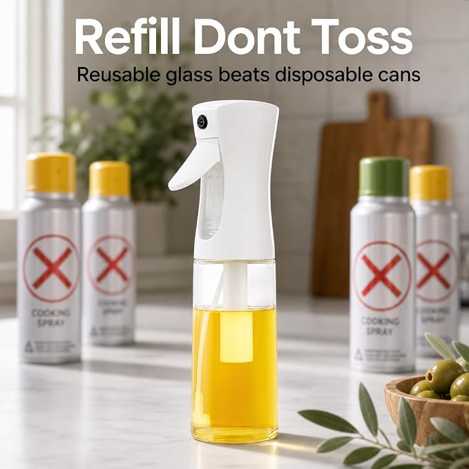 Glass Olive Oil Sprayer for Cooking - Fine Mist for Air Fryer | Refillable Oil Mister & Dispenser - Designed for Even Coverage, Less Mess, Roasting, Grilling & Baking - 6.7 fl oz (200 mL)
