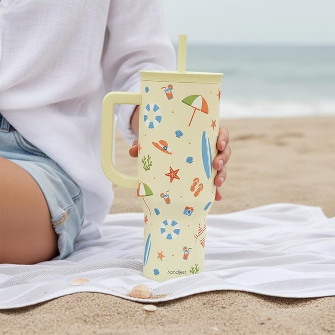 SANDJEST Beach 40oz Tumbler with Handle and Straw, Insulated Stainless Steel Travel Coffee Mug for Women Girls Beach Lovers, Gift Idea for Birthday Christmas Mothers Day Summer Vacation (Color)