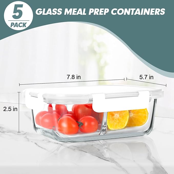 30 oz 5 Pack Glass Meal Prep Containers 2 Compartments, Glass Food Storage Containers with Lids, Airtight Lunch Box, Microwave, Oven and Freezer Safe, White