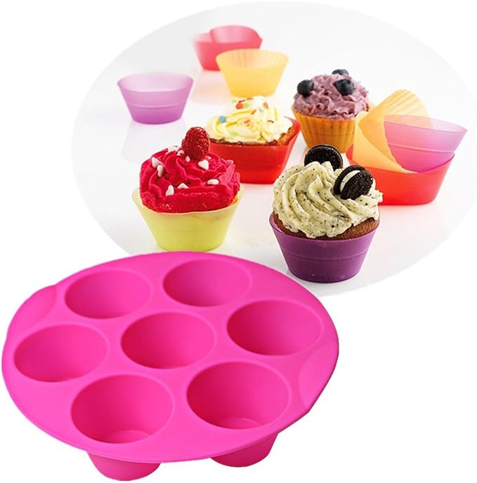 SHEbaking Silicone Muffin Pans for Air Fryer 7 Cavity Muffin Tray Cupcake Pan Nonstick Brownie Cake Mold Round Pudding Recipe Tray Bakeware