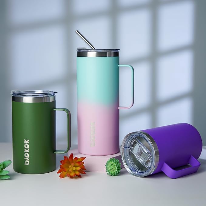 BJPKPK 25oz Insulated Coffee Mug with Handle, Stainless Steel Travel Mug | Keeps Drinks Hot & Cold, Double Wall Vacuum, 2 Lids Included, BPA-Free Coffee Tumbler for Home, Office & Travel