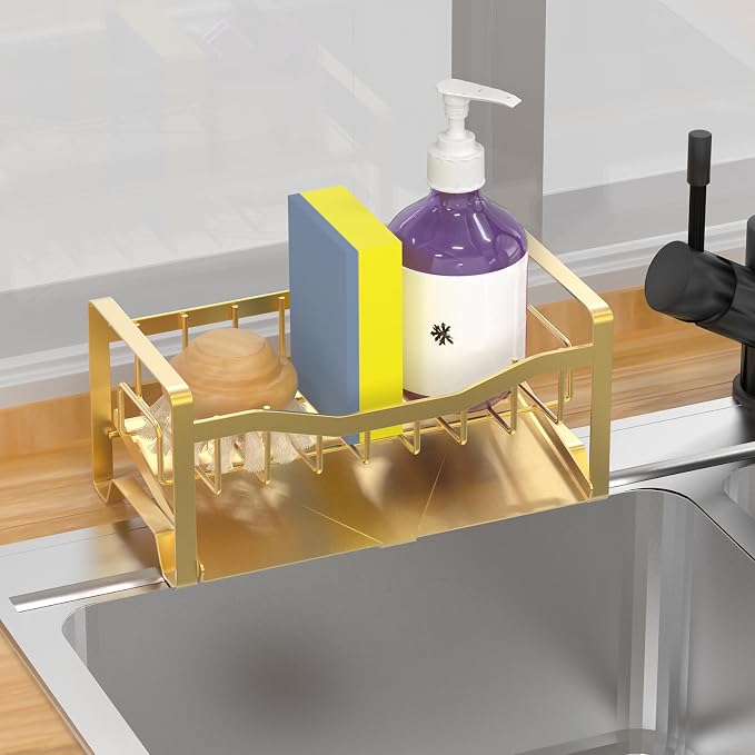 Kitchen Sink Caddy Organizer Sponge Holder for Kitchen Sink with Stainless Steel Auto Drain Tray, Self Drain Dish Soap Sponge Caddy Rack for Countertop Storage Gadgets Accessories