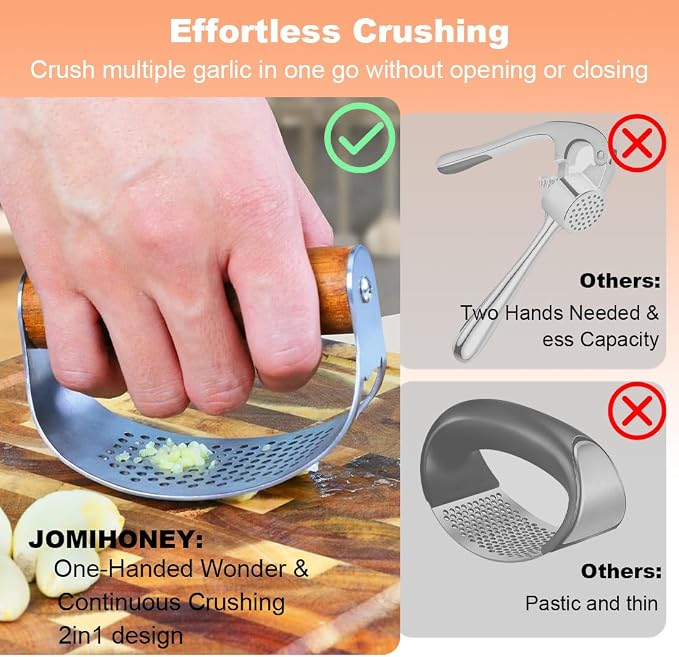 Garlic Press Rocker Stainless Steel Ginger Crusher, Garlic Mincer and Squeezer Kitchen Gadget with Ergonomic handle, Silicone Tube Garlic Peeler, Scraper and Cleaning Brush Tool Set