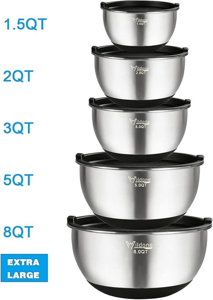 Wildone Mixing Bowls with Lids Set, Stainless Steel Mixing Bowls Set of 5 | Large Prep Metal Bowl Set with Non-slip Bottoms, Size 8, 5, 3, 2, 1.5 QT, Airtight Lids, Thicker Stainless Steel