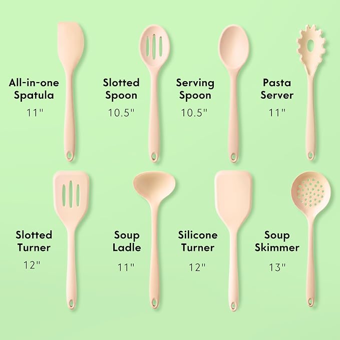 NonToxic Platinum Silicone Utensils, 100% Plastic-Free, 8-Pcs, Beige | LFGB-certified platinum silicone. Solid steel core, no hidden plastics. 500ยฐF heat resistant. Non-scratch. Dishwasher safe